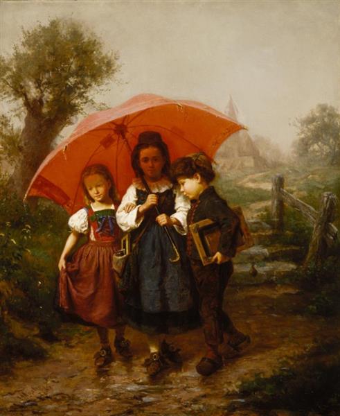 Children under a red umbrella, 1865 - Henry Mosler
