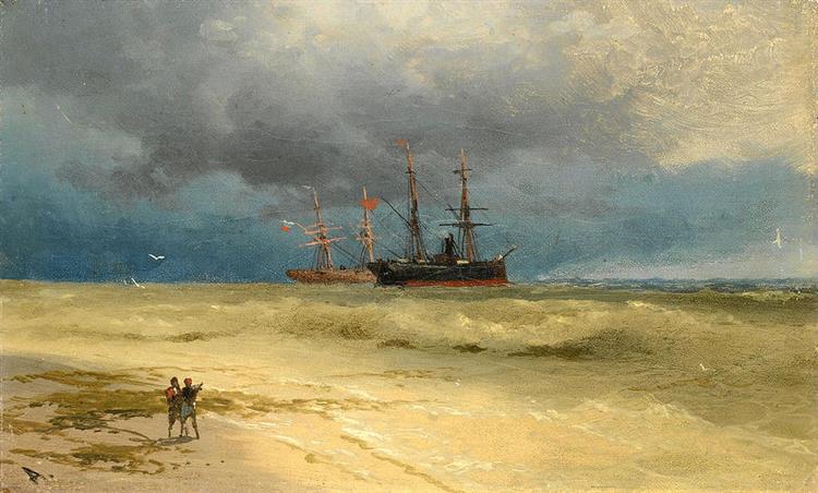 Два кораблі на якорі біля пляжу - Іван Айвазовський