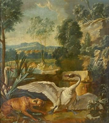 A dog attacking swans in an extensive Dutch landscape - Jean-Baptiste Oudry