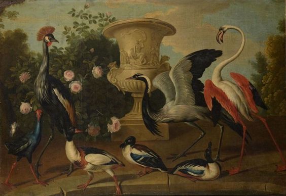 Crane, flamingo and ducks near a stone basin - Jean-Baptiste Oudry