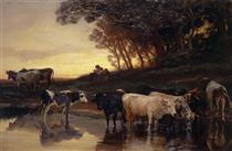 Cows and washerwomen near a brook - Rudolf Koller
