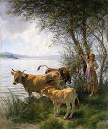 Cows with shepherdess at the lake - Rudolf Koller