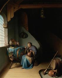 An Elderly Woman Seated by a Window at Her Spinning Wheel - Gerrit Dou