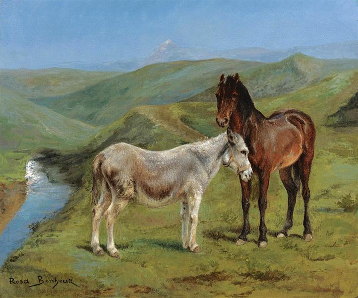 A Pony and a Donkey in a Mountain Landscape - Rosa Bonheur