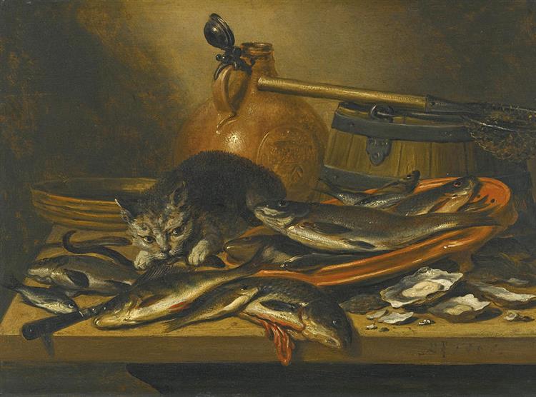 A Still Life of Fresh Water Fish with a Cat a Bartmannkrug a Barrel and a Small Fishing Net on a Tab - Pieter Claesz.