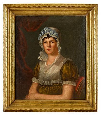 Seated woman in lace cap with blue ribbon in olive colored dress - Bass Otis