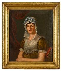 Seated woman in lace cap with blue ribbon in olive colored dress - Bass Otis
