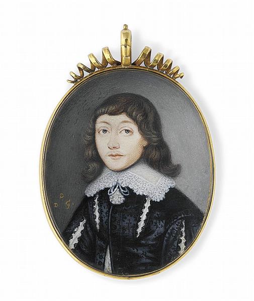 A boy called Abraham Cowley (1618-1667), in embroidered black silk doublet, slashed to reveal white shirt, lace lawn collar with tassels - David Des Granges