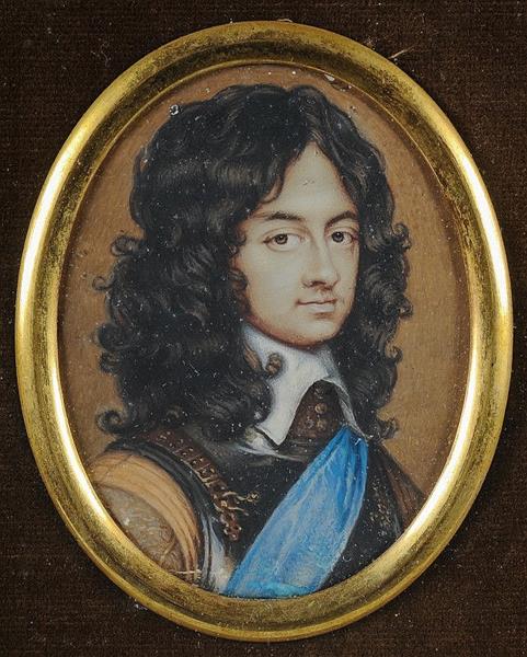 Miniature portrait of Charles II as Prince of Wales, head and shoulders, wearing a breastplate and blue sash of The Order of The Garter - David Des Granges