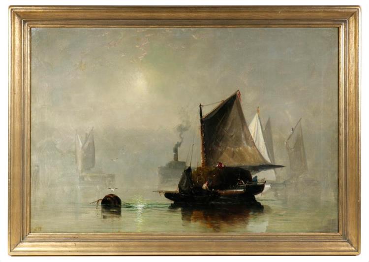 Foggy Harbor Scene with Fishing Schooners and a Ferry Steamer - Franklin Dullin Briscoe
