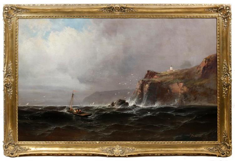 Cliff Coastline with Lighthouse, Laboring Boat and Gulls - Franklin Dullin Briscoe