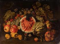 Watermelon, melon, grapes, figs and other fruits en plein air - Giovanni Battista Ruoppolo