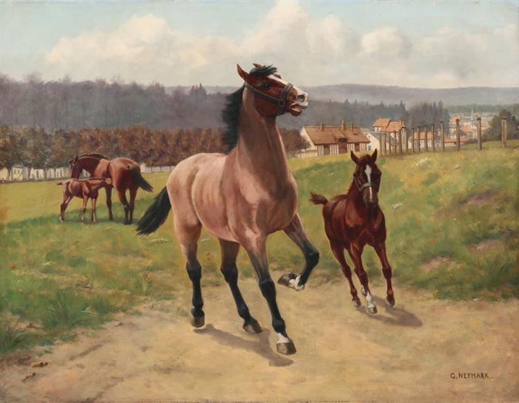 Mare and foal frolicking in a pasture - Gustave Neymark