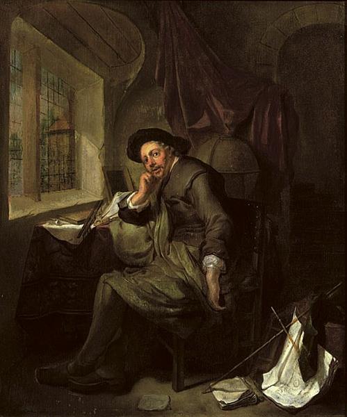 A scholar seated at his writing desk in an interior, books and documents in the foreground - Hendrik Heerschop