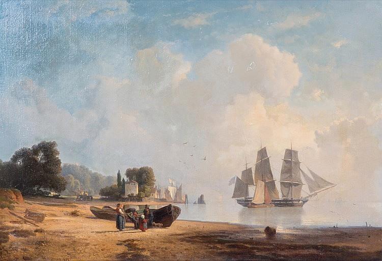 Low tide at the Elbe, with a threemaster under American flag - Hermann Mevius
