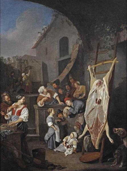 An Italianate townscene with figures making merry, a slaughtered pig to the right - Jacob Toorenvliet