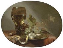 A roemer of sweet wine, with grapes and a lemon on a pewter plate, on a draped table - Jacques de Claeuw