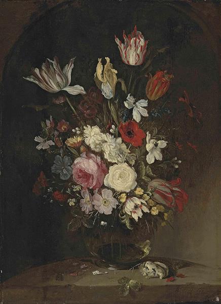 Roses, carnations, tulips, poppy, an iris, pansies and other flowers in a glass vase, with a seashell on a marble ledge - Jacques de Claeuw