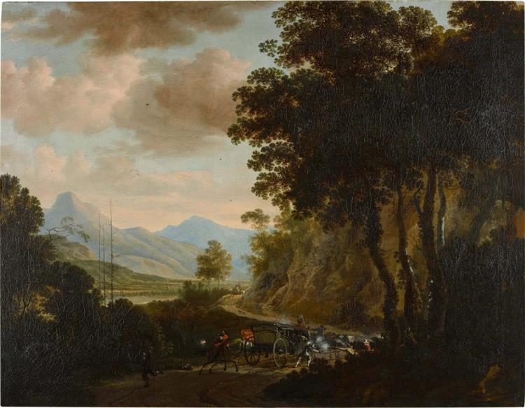 WOODED LANDSCAPE WITH BANDITS ATTACKING A COACH - Jan Hackaert
