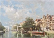 Houses along a canal with a drawbridge - Johannes Christiaan Karel Klinkenberg