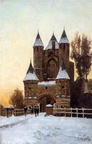 A winter view with figures near the Amsterdamse Poort in Haarlem - Johannes Christiaan Karel Klinkenberg