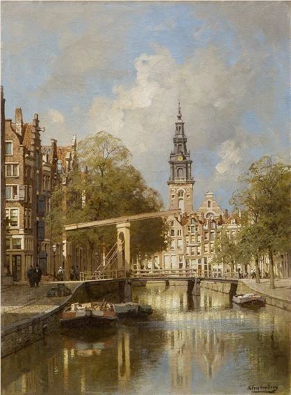 A view of Amsterdam, seen from the Groenburgwal with the Staalmeestersbrug on the houses of the Raamgracht and the Zuiderkerk - Johannes Christiaan Karel Klinkenberg