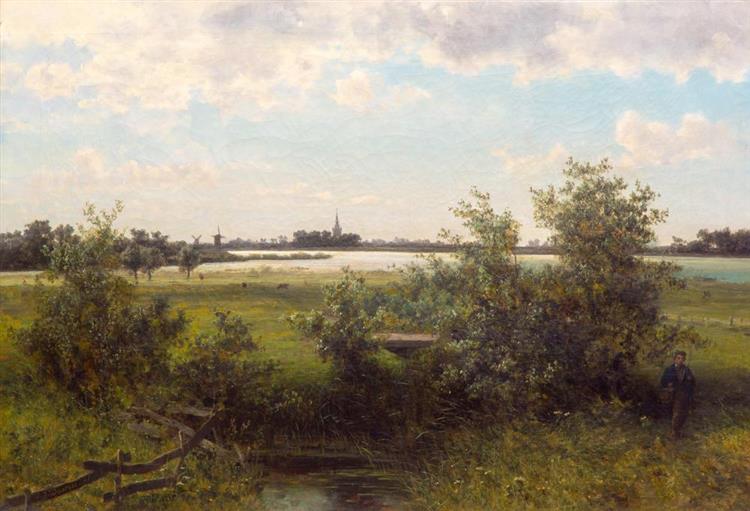 A Dutch summer landscape with a hunter in the foreground, possibly near Overschie - Johannes Joseph Destrée