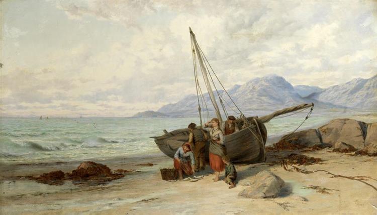 Fisherfolk on the shore unloading their catch - John Brett