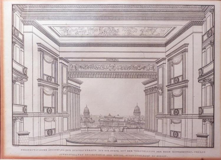 Perspective view of the scene from the auditorium, with the presentation of the decoration set up at the inaugural prologue - Karl Friedrich Schinkel