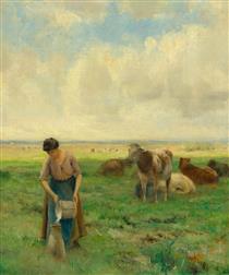 A peasant woman in a field with cows - Léon-Victor Dupré