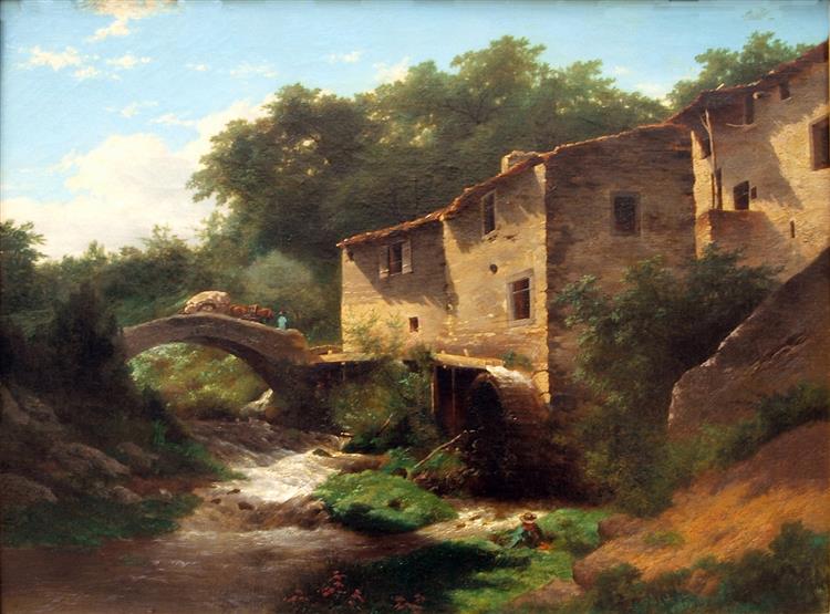 Landscape with water mill and stone bridge - Louwrens Hanedoes