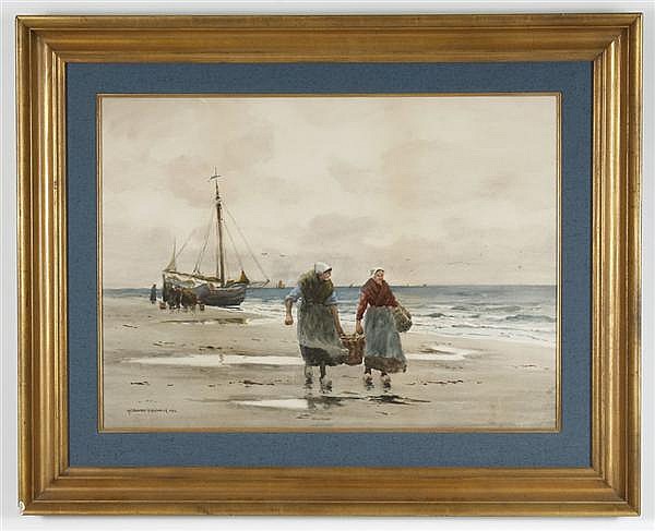 A coastal scene with two women carrying a basket with a sailboat and other figures in the background - Melbourne Havelock Hardwick