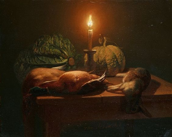 Still Life with Ducks, Rabbit, Pumpkin, and Cabbage by Candlelight - Petrus van Schendel