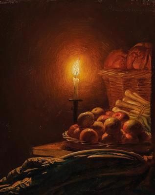 Stillleben mit ÄpfelnFrühlingszwiebeln, Mangold und einer Kerze - Petrus van Schendel