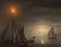 Hafeneinfahrt bei Mondschein - Petrus van Schendel