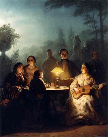 A Summer Evening by Lamp and by Moonlight - Petrus van Schendel