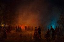 Elegant company watching fireworks in a park - Петрус ван Шендель