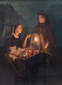 A young apple seller by candlelight - Петрус ван Шендель