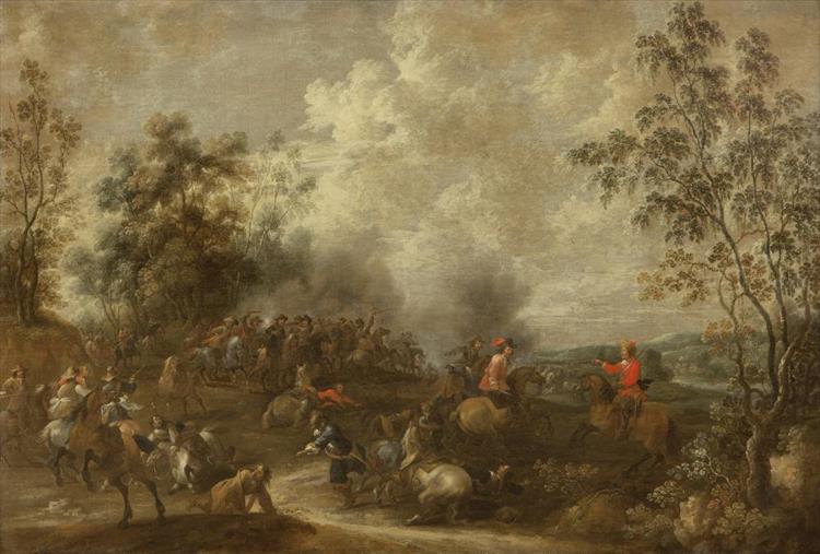 A cavalry skirmish before an extensive landscape - Pieter Meulener