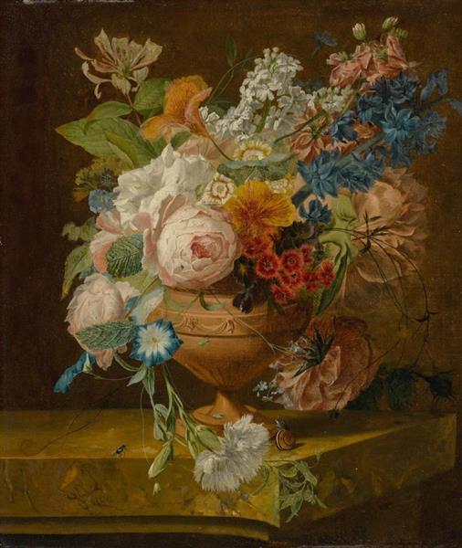 A still life of roses, peonies, morning glories, a carnation, and other flowers, in a decorative vase, on a ledge, with a fly and a snail - Wybrand Hendriks