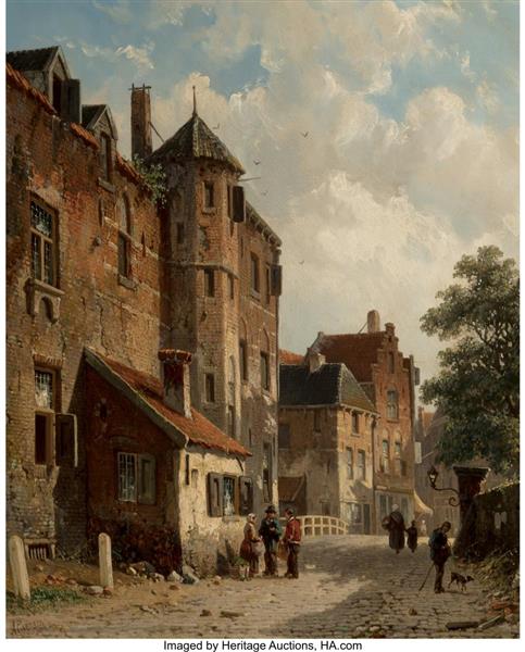 View of a sunlit Dutch street scene - Adrianus Eversen