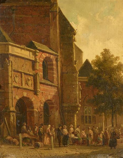 Marktstände vor einer holländischen Kirche - Adrianus Eversen