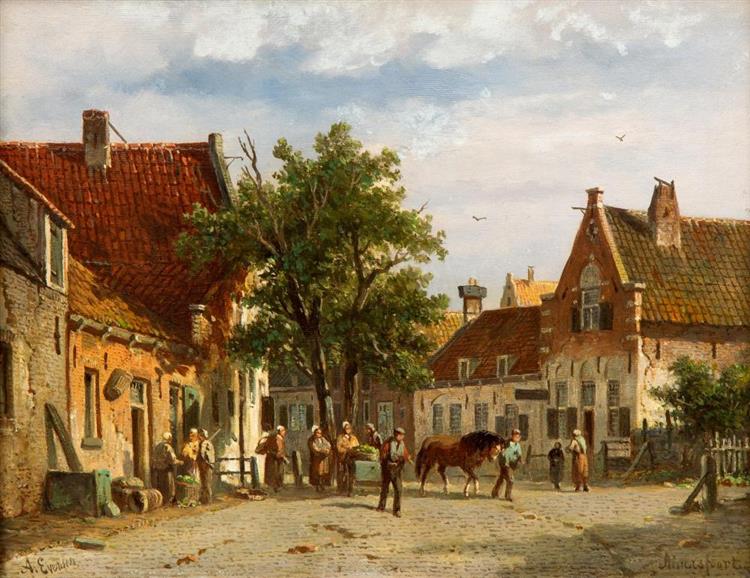 Vegetable vendors and other figures on a square in Amersfoort - Adrianus Eversen