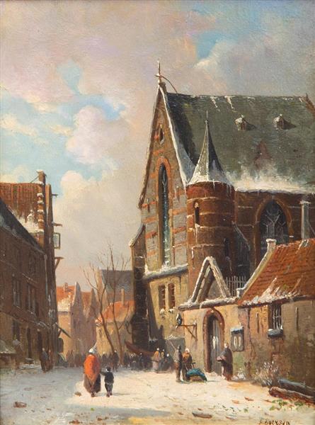 Villagers in a snow-covered street near the church - Adrianus Eversen