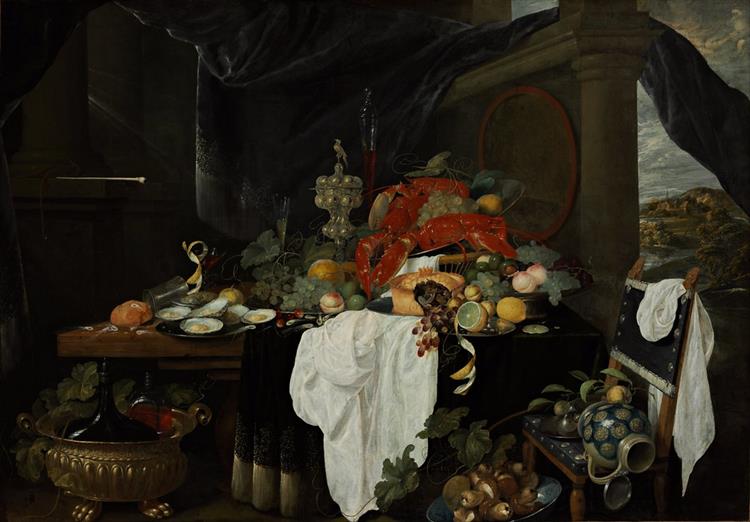 A Pronk Still Life with Fruit, Oyters, and Lobsters - Andries Benedetti