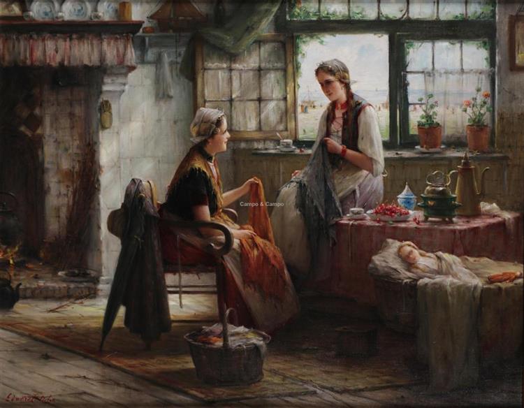 Two Zeelandic girls in an interior - Edward Portielje