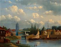 View of a Dutch city with boats and figures - Frederik Hendrik Kaemmerer