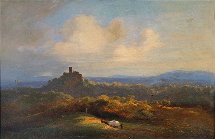 An extensive landscape with horse drawn cart, a hilltop monastery or Church in the middle distance - Friedrich Ernst Wolperding