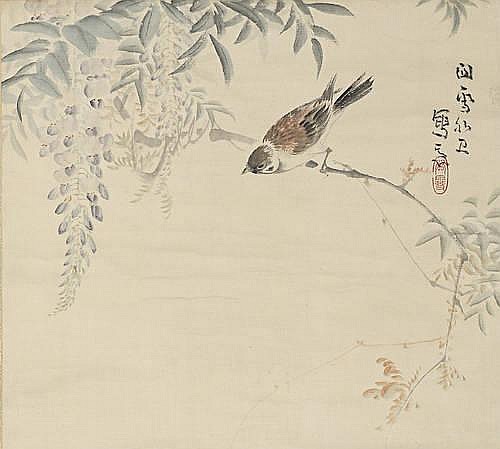 Wisteria Flowers and Small Bird - Hashimoto Kansetsu
