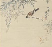 Wisteria Flowers and Small Bird - Hashimoto Kansetsu